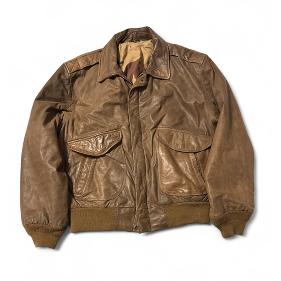 Vintage Hunt Club Leather Jacket L Flight Bomber Brown 42R Aviator 80s 90s